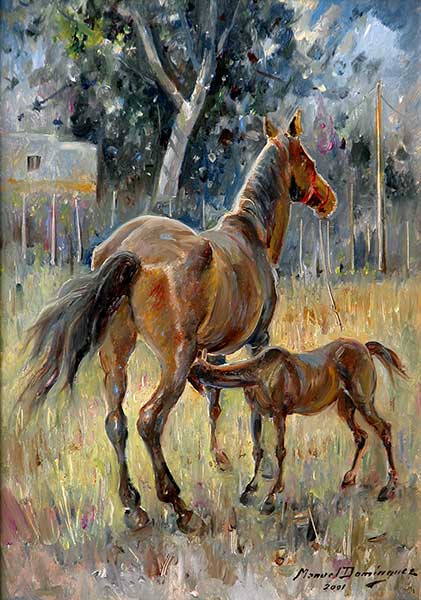  Mare and foal, oil painting by Manuel Domínguez