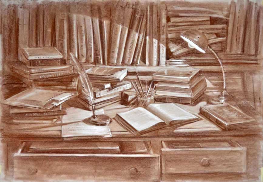 Desk. sepia drawing 