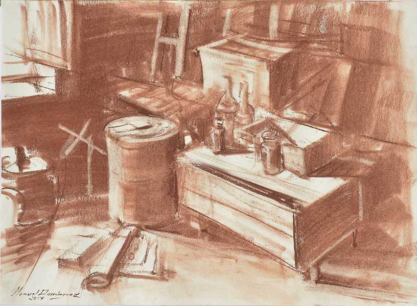 Sepia drawing. Bunker. Manuel Domínguez