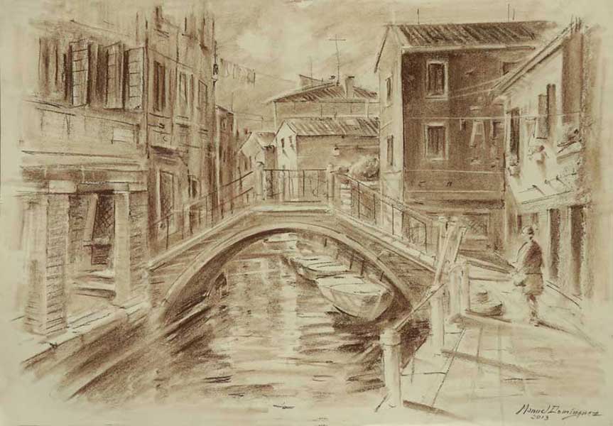 Canal de Venecia-dibujo a sepia de Manuel Domínguez