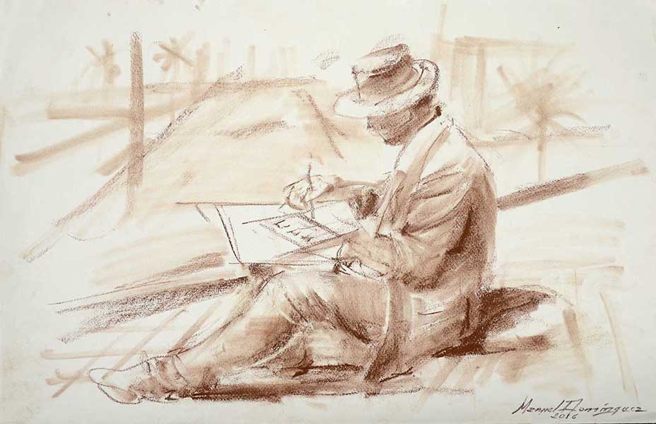 Urban draftsman-sepia drawing by Manuel Domínguez