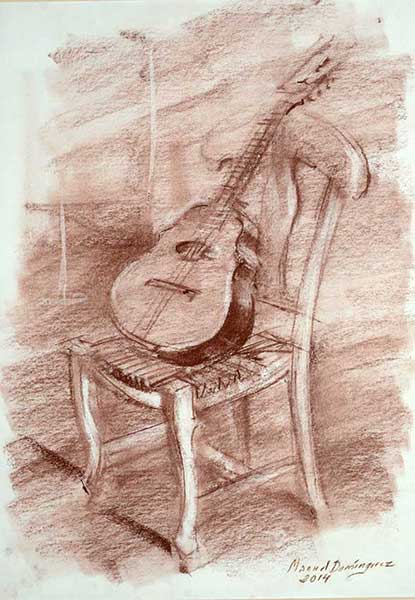 Laud sobre una silla-dibujo a sepia de Manuel Domínguez