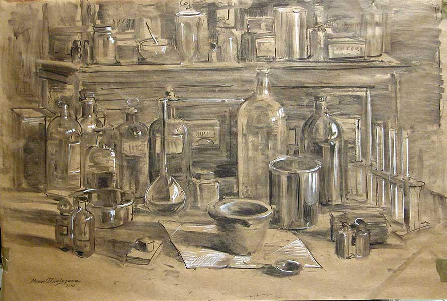 Laboratorio. Dibujo a carboncillo de Manuel Domínguez