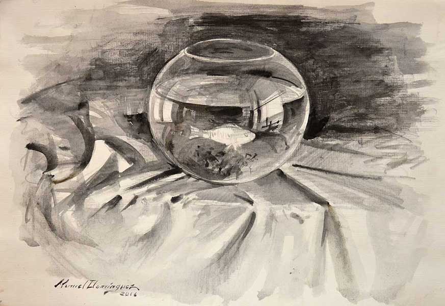 Fishbowl. Aquatint by Manuel Domínguez