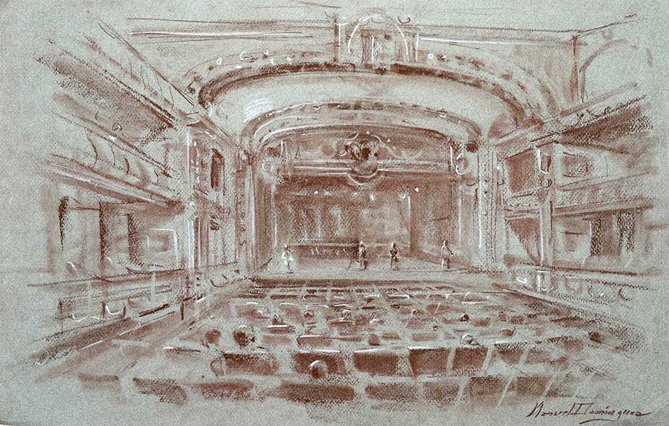 El teatro Cervantes de Almería dibujado por  Manuel Domínguez