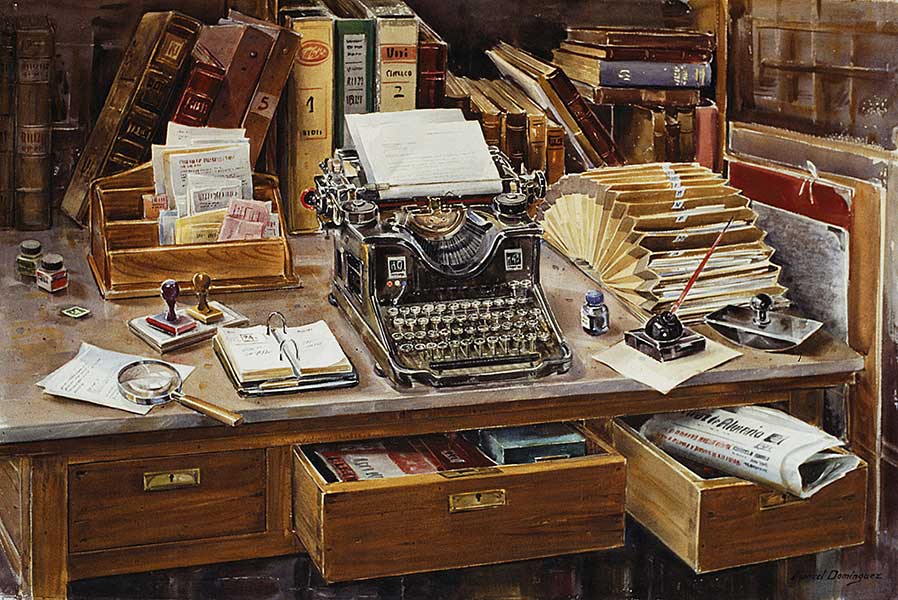 Watercolor by Manuel Domínguez-The journalist's desk
