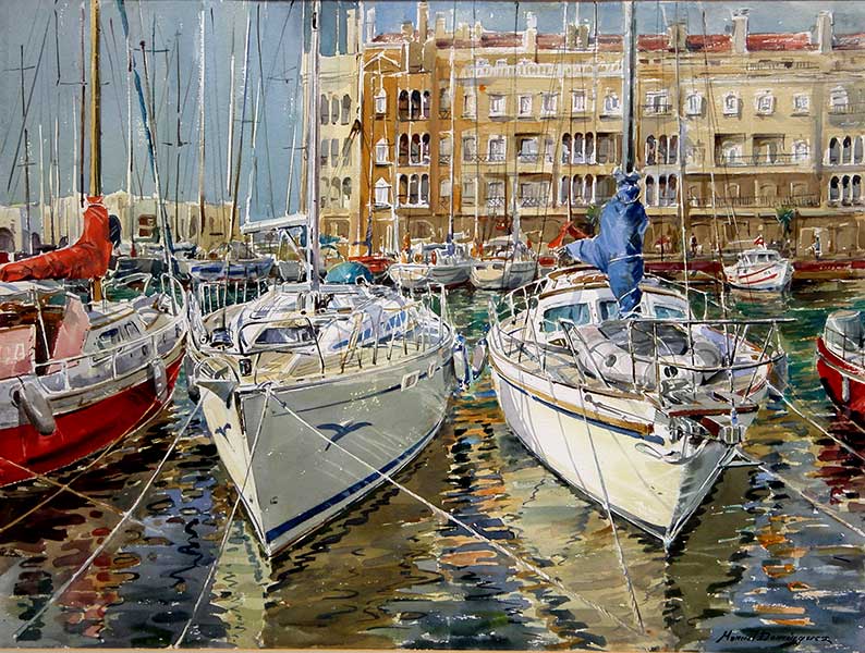 Watercolor by Manuel Domínguez-Yachts at mooring-Almerimar