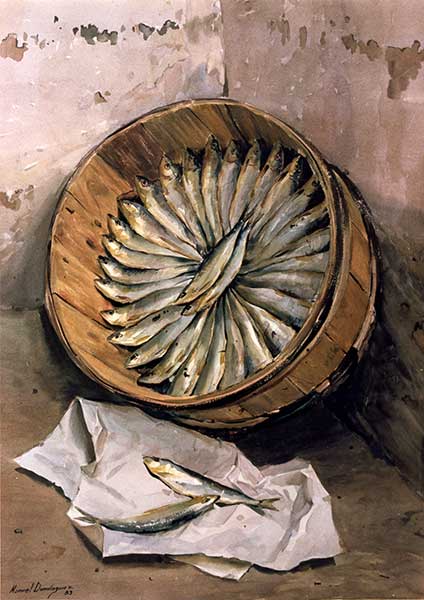 "Caja de arenques".acuarela de Manuel Domínguez