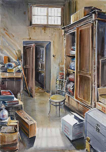 Watercolor by Manuel Domínguez-Entrance of the Room of the Trunks