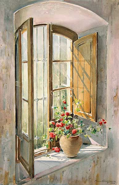 Watercolor by Manuel Domínguez-Open window