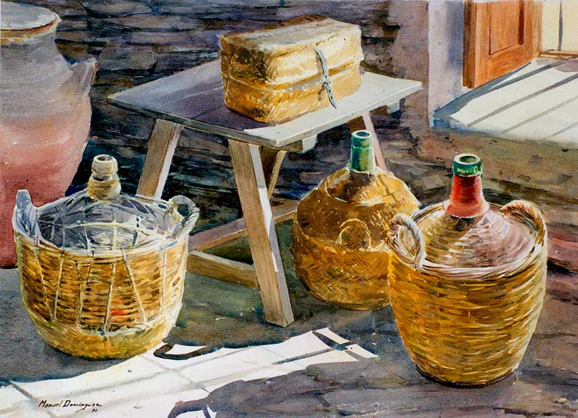 Watercolor by Manuel Domínguez-The empty bottles