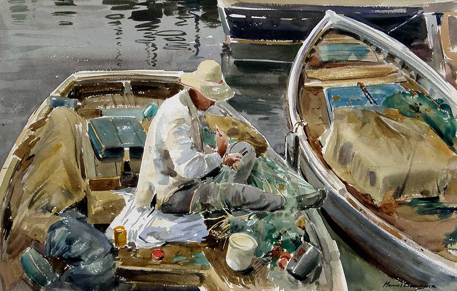 Watercolor by Manuel Domínguez-The fisherman