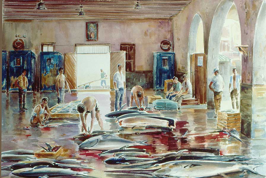 Watercolor by Manuel Domínguez-The fishermen in the fish market