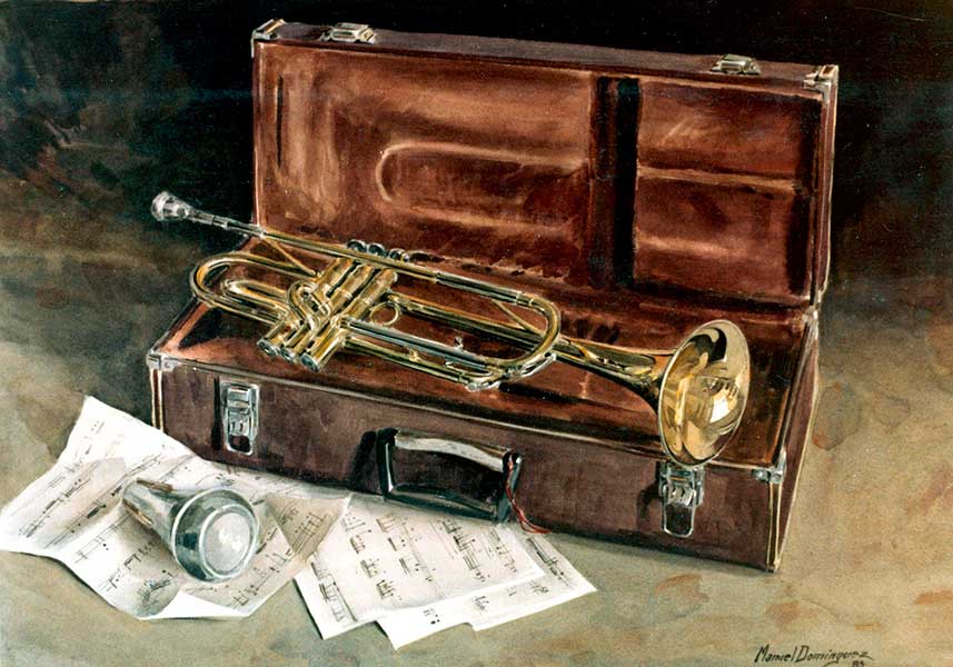 Watercolor by Manuel Domínguez-The silenced trumpet