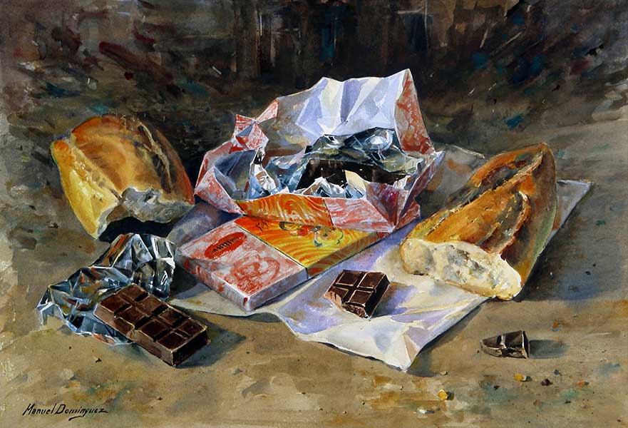 Watercolor by Manuel Domínguez-Bread with chocolate