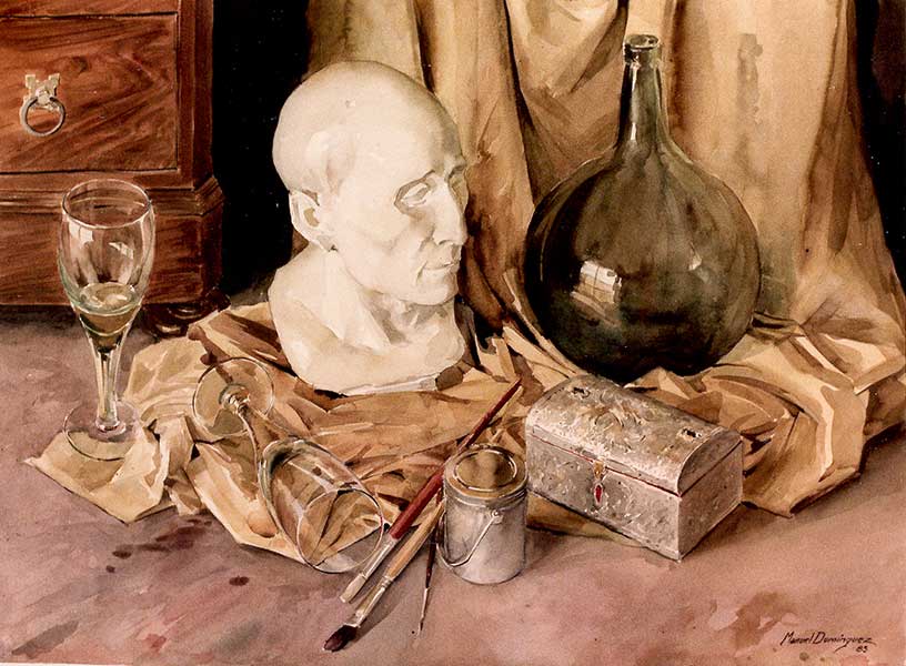 Watercolor by Manuel Domínguez-A corner of the studio