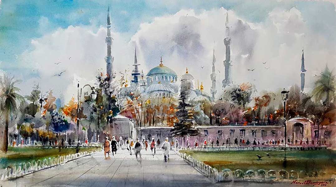 Watercolor by Manuel Domínguez-The Blue Mosque in Istanbul