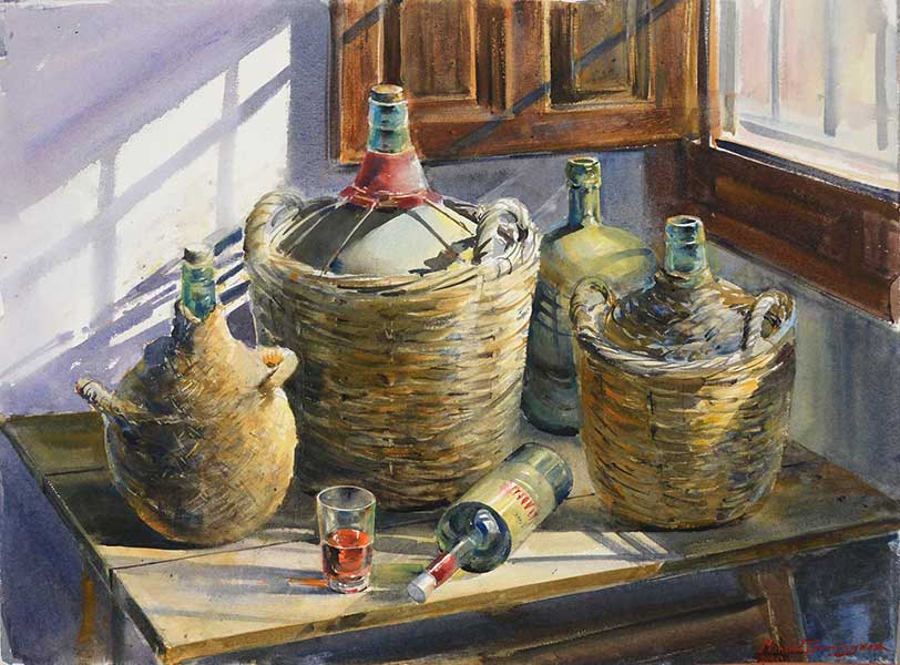 Watercolor by Manuel Domínguez-The wine carafes