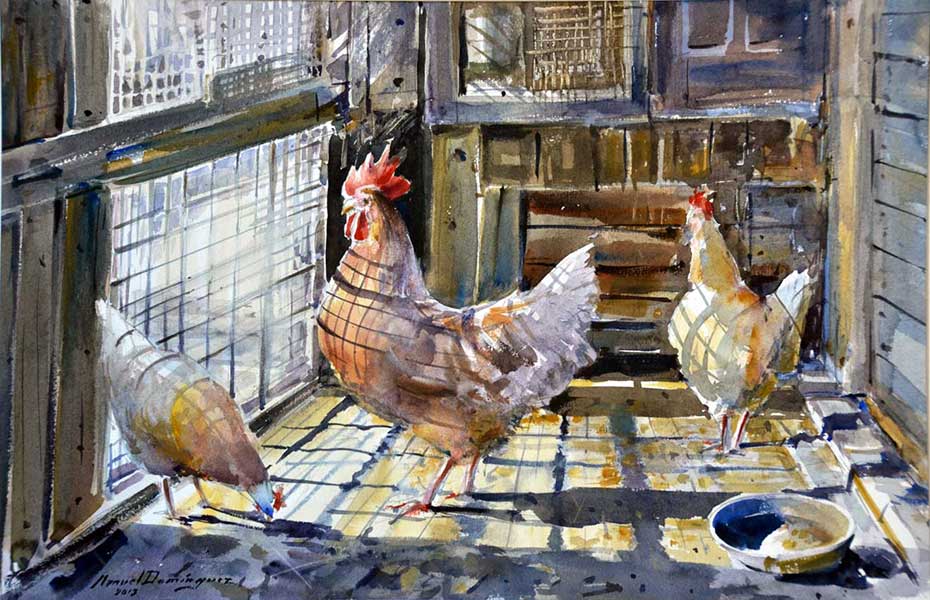 Watercolor by Manuel Domínguez-In the chicken coop