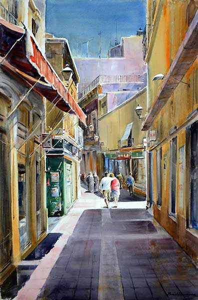 Watercolor by Manuel Domínguez-The shopping street