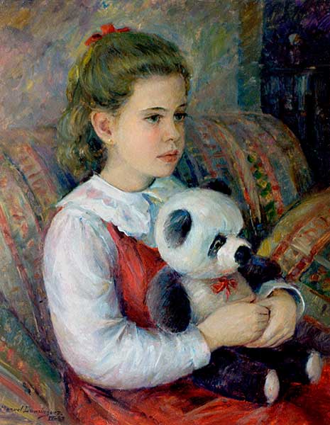 Blanca con su osito, pintura al óleo de Manuel Domínguez