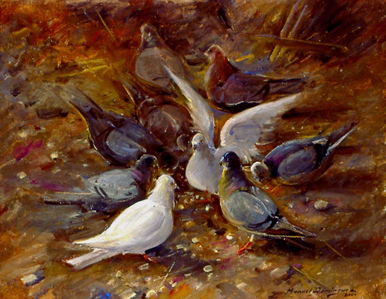 Palomas. 41 x 33 cm, pintura al óleo de Manuel Domínguez