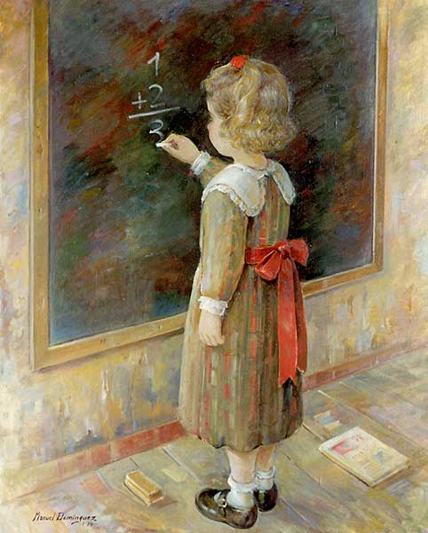  The girl at the blackboard., oil painting by Manuel Domínguez