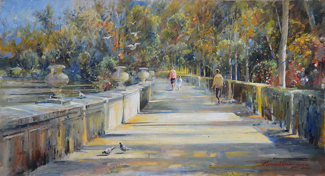 Jardines de Aranjuez. 32 x61 cm, pintura al óleo de Manuel Domínguez