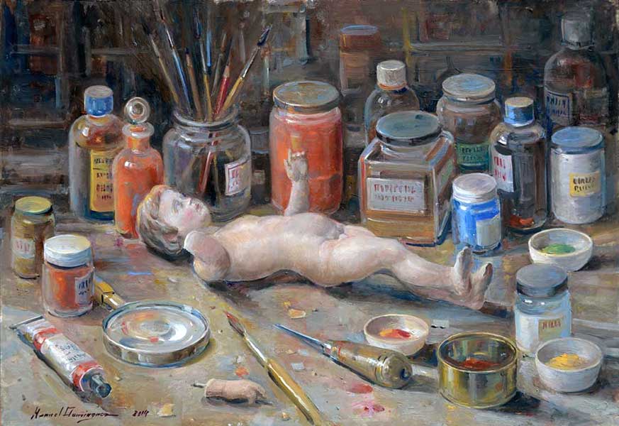  Restauration workshop, oil painting by Manuel Domínguez