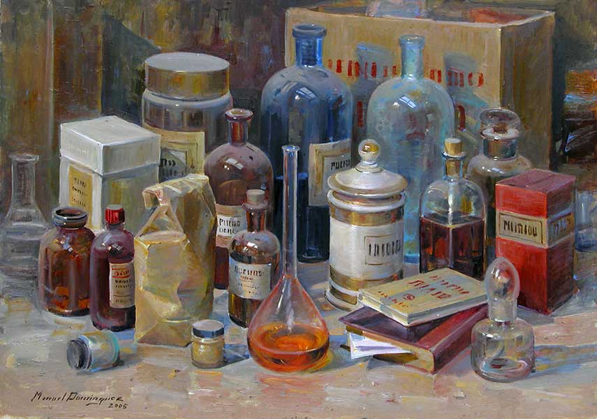  pharmacy jars, oil painting by Manuel Domínguez