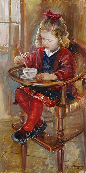  Girl in highchair, oil painting by Manuel Domínguez