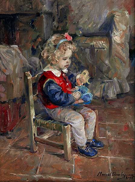  Girl with her doll., oil painting by Manuel Domínguez