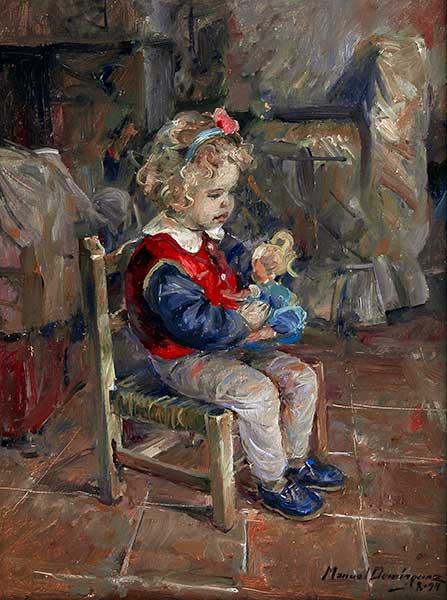 Blanca con su muñeca, pintura al óleo de Manuel Domínguez